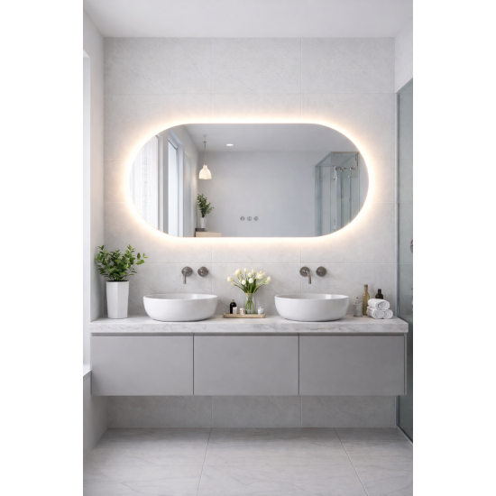 1200x600mm Backlit Led Mirror Oblong Racetrack Motion Sensor Demister Touch Sensor Switch